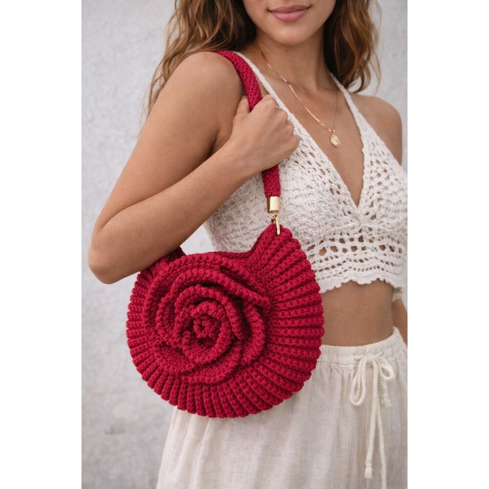 Handmade Red Crochet Floral Shoulder Bag Boho Cottagecore Knit statement purse - Picture 2 of 12